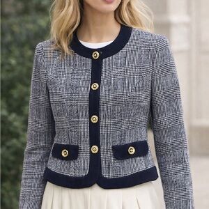 Talbots Petites Tweed Plaid Jacket Women’s Size 2 Navy Gold Button Blazer